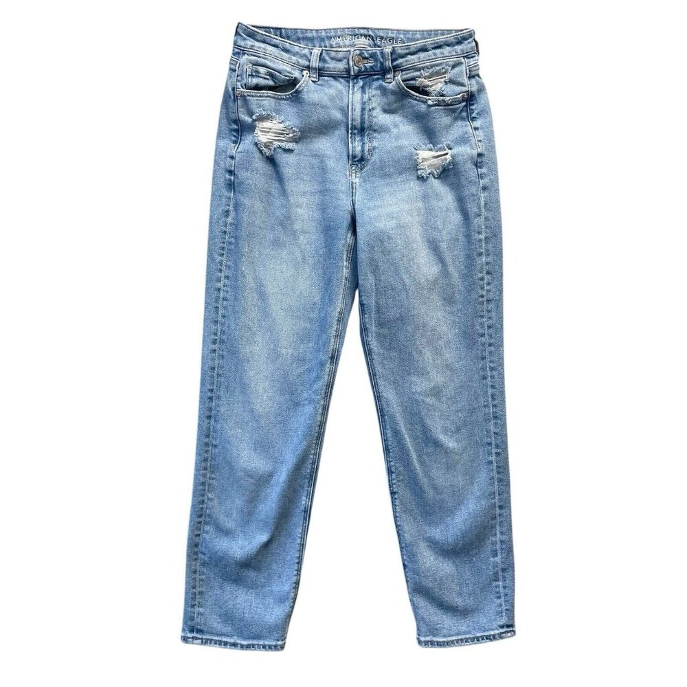 American Eagle Mom Straight‎ Jeans Womens 8 Long Light Wash Distressed High Rise